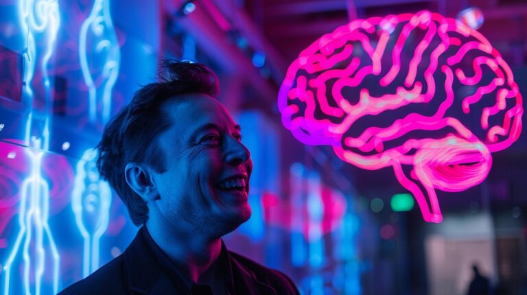 Man smiling with neon brain light installation in the background