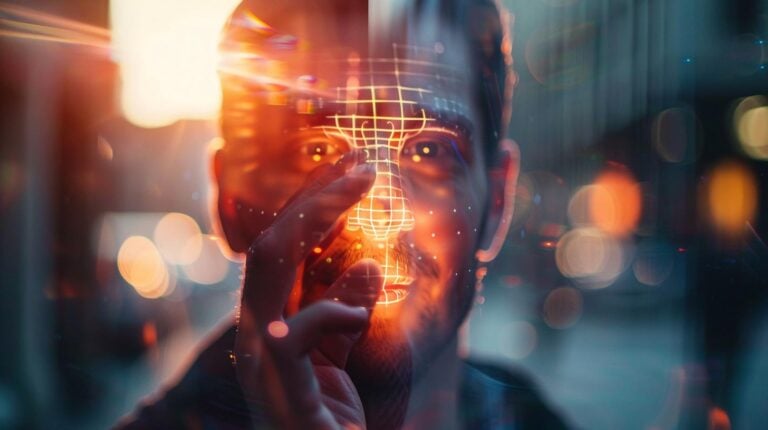 Man interacting with futuristic augmented reality facial recognition interface against a city lights backdrop.
