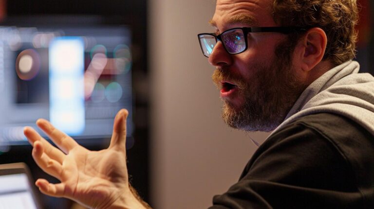 Man with glasses speaking and gesturing in front of computer screens in a dimly lit room.