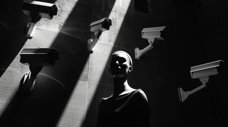 Mannequin head surrounded by surveillance cameras in a high contrast black and white photo.