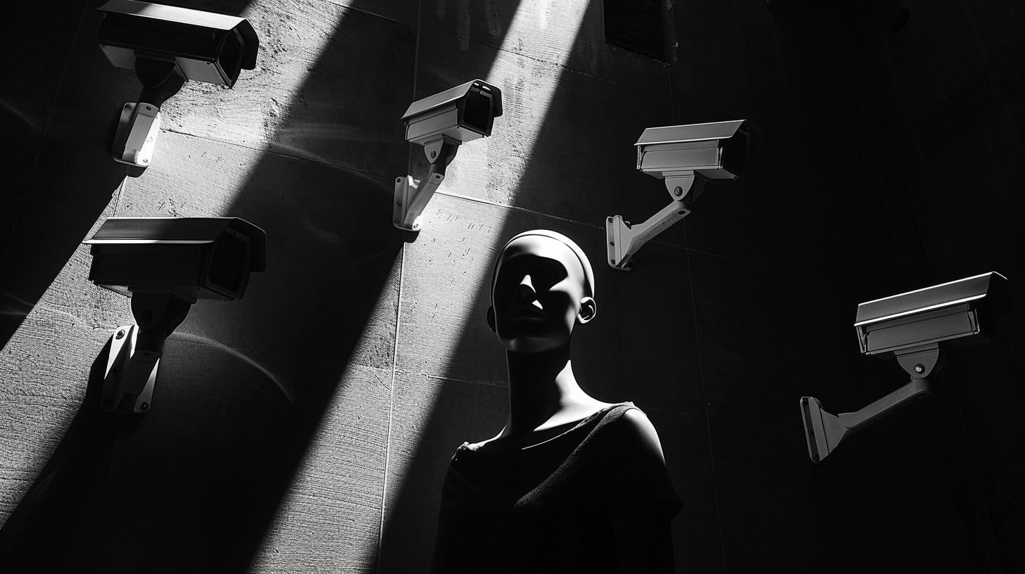 Mannequin head surrounded by surveillance cameras in a high contrast black and white photo.