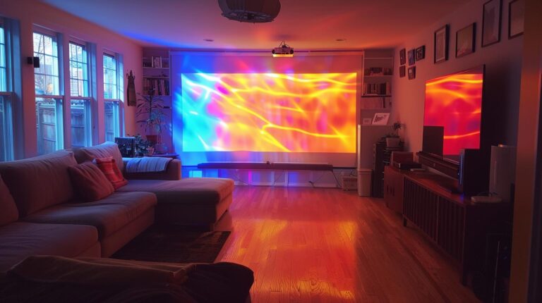 Modern living room with large projector screen displaying vibrant abstract visuals, ambient lighting, and cozy furnishings.