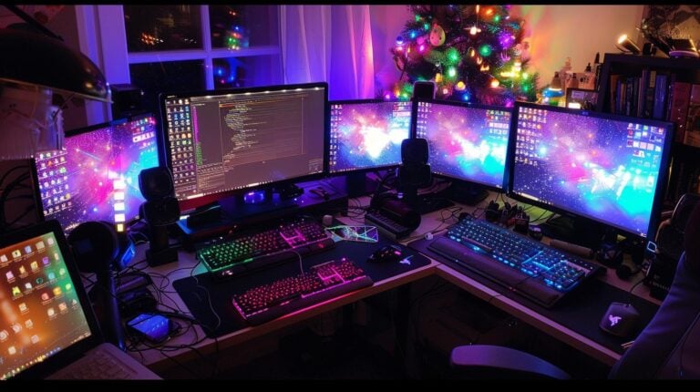 Multi-monitor desktop setup with colorful backlit keyboards and Christmas tree in a cozy room.