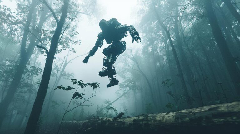 Mysterious robotic figure walking through foggy forest landscape
