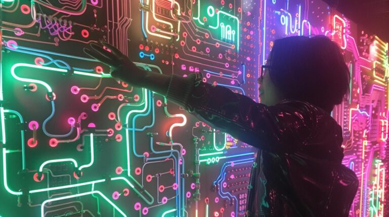 Person interacting with a colorful neon circuit board wall installation.
