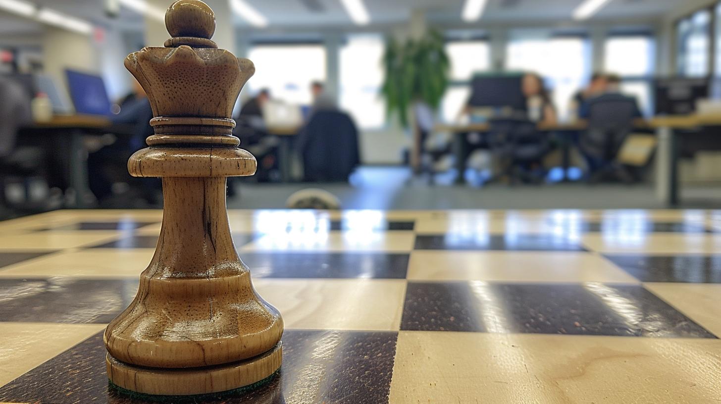 Close-up of a queen chess piece on a board with blurry office background.