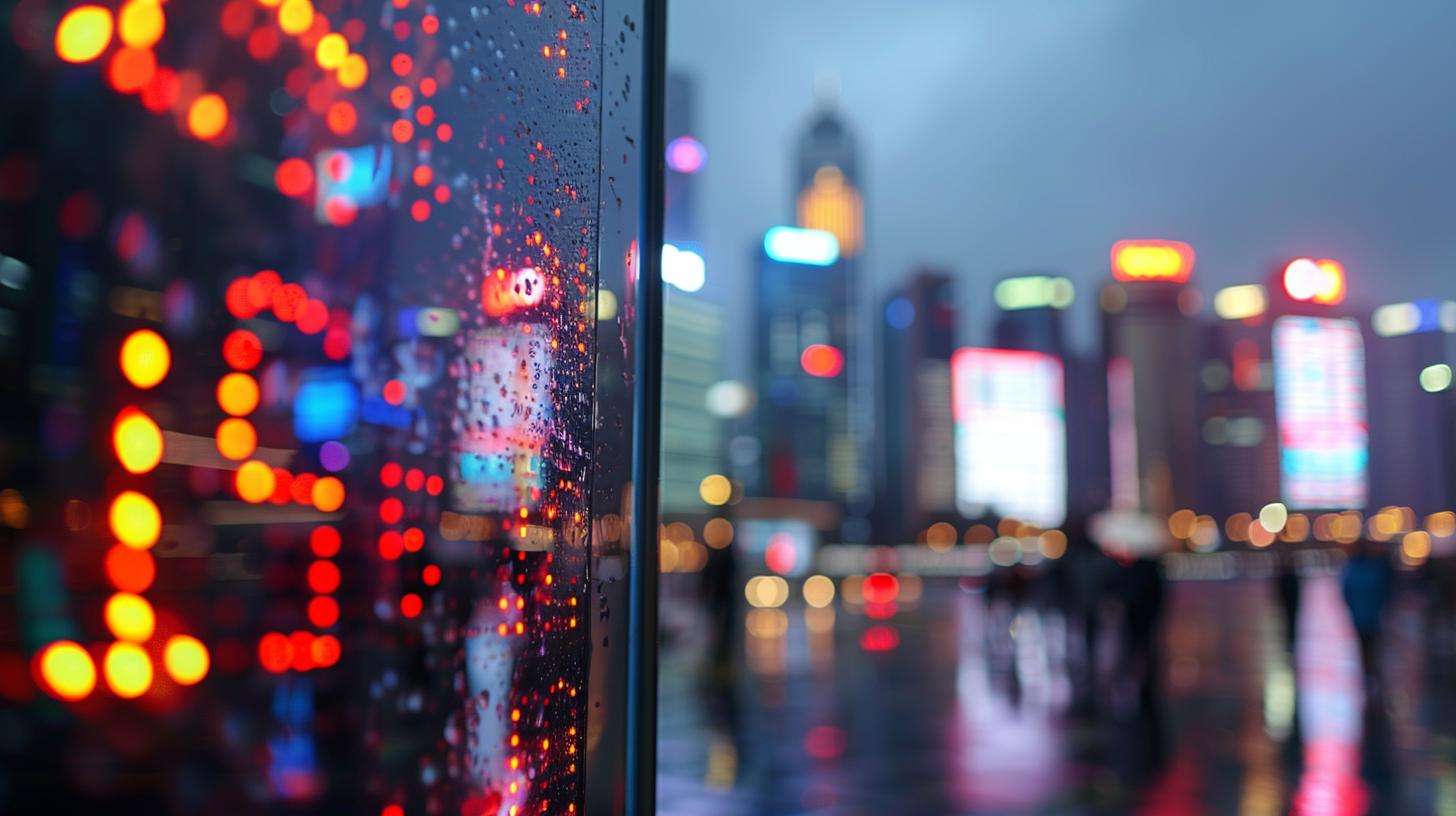 Rainy city street at night with blurred lights and reflections