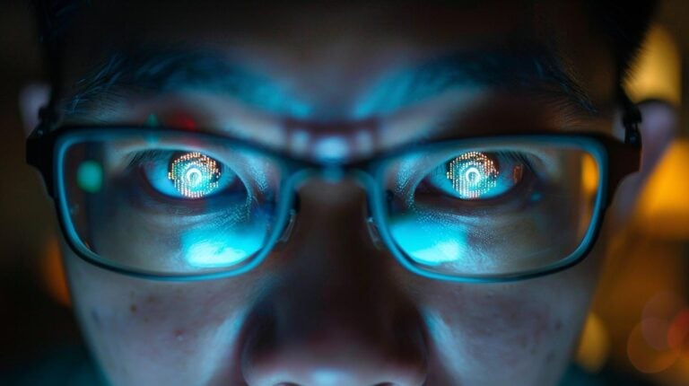 Close-up of person wearing glasses with digital screen reflected in lenses against dark background.