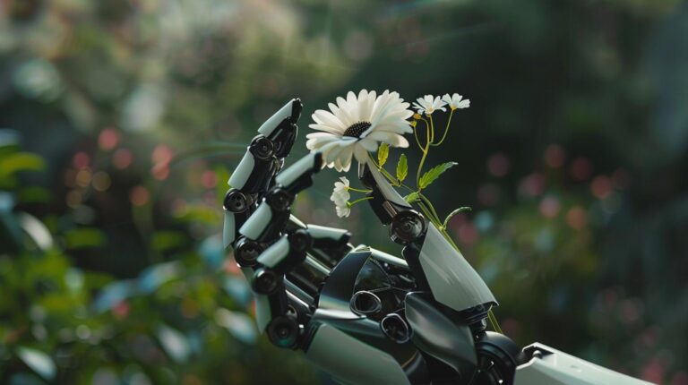 Robot arm gently holding a daisy flower against a blurred natural background.