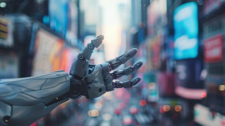 Robot hand with blurred city backdrop highlighting technology and urban setting.