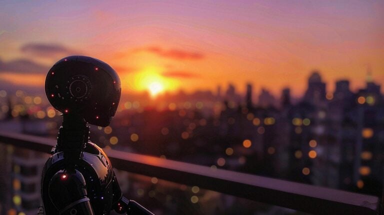 Robot silhouette overlooking city skyline at sunset