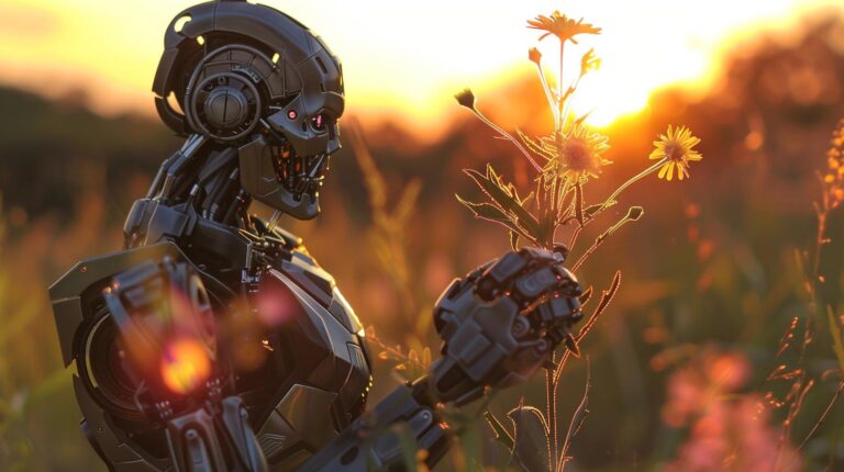 Robot touching wildflowers at sunset in a field.