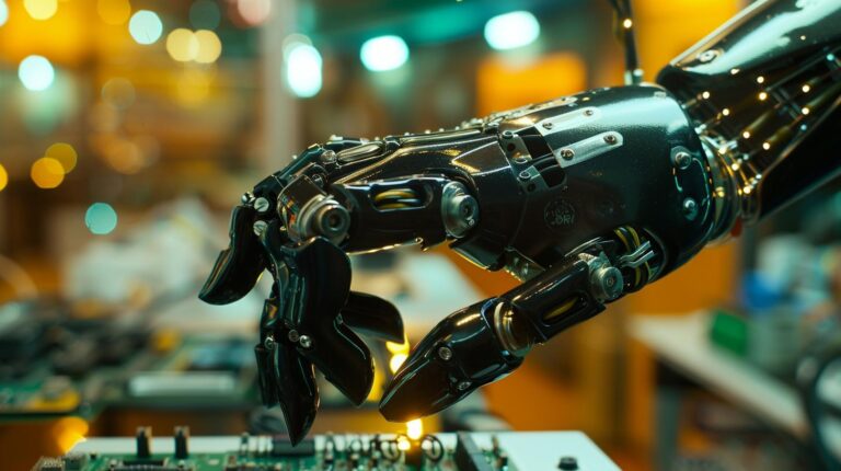 Robotic arm with intricate mechanics on electronic circuit board background.