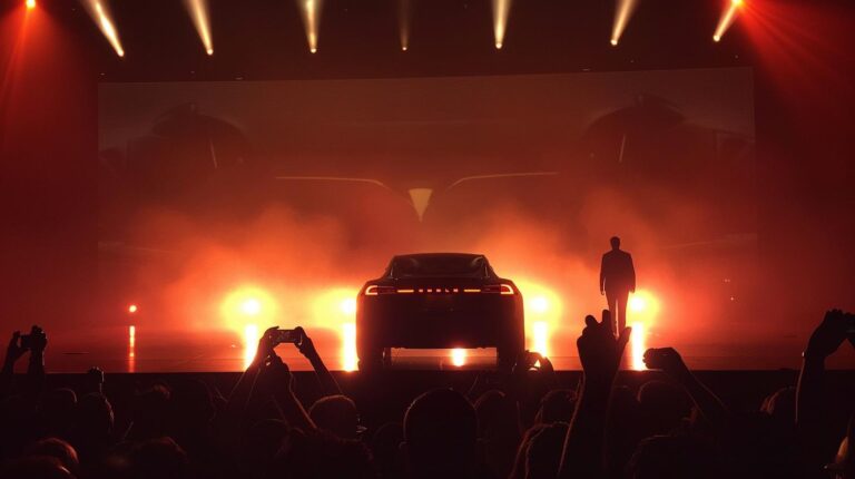 Silhouette of a car and a person on stage with red lighting and audience taking photos at a vehicle reveal event.