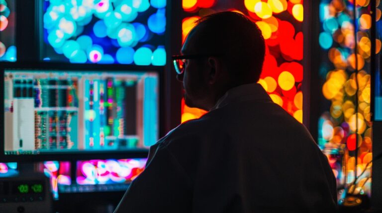 Silhouette of a man working at a computer with colorful bokeh lights in the background.