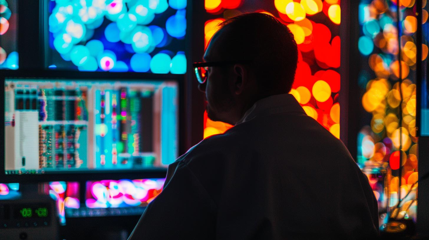 Silhouette of a man working at a computer with colorful bokeh lights in the background.