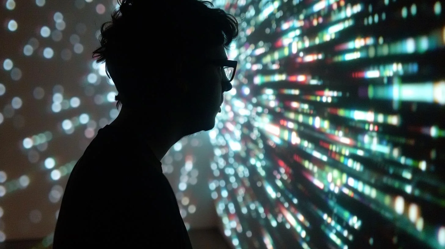 Silhouette of person with glasses against vibrant digital light display background.