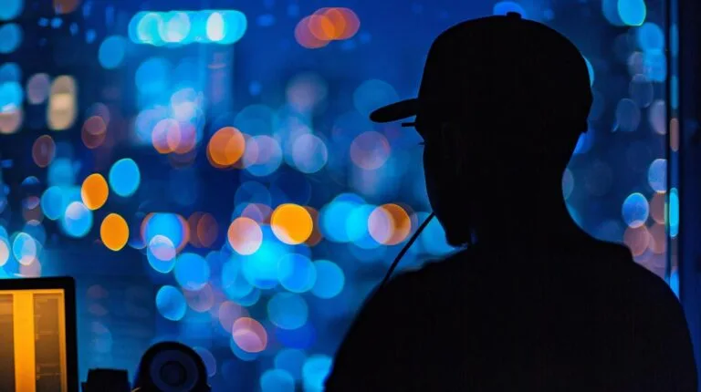 Silhouette of a person with a hat in front of a computer with colorful bokeh lights in the background