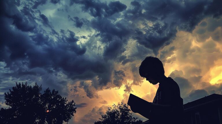 Silhouette of person reading a book against a dramatic sunset sky with clouds