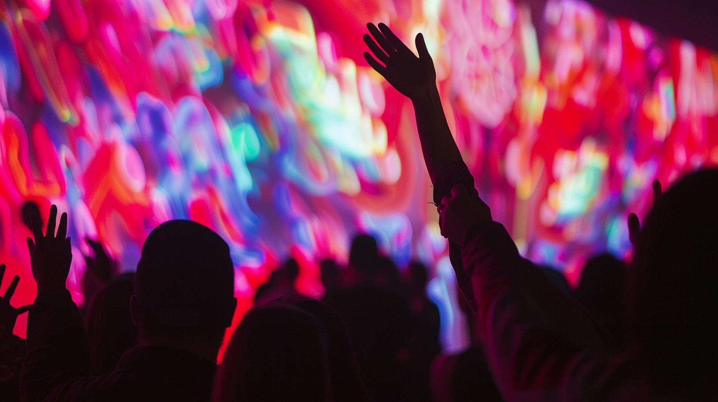 Silhouetted audience with raised hands at a vibrant light show event.