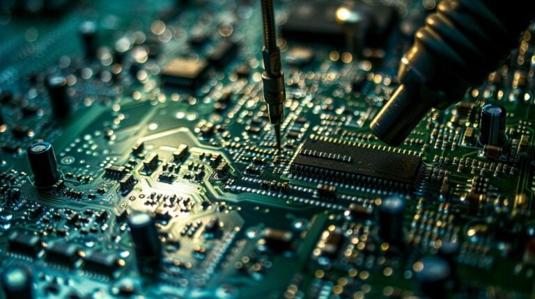 Close-up of a soldering iron on an electronic circuit board with intricate details and components visible.