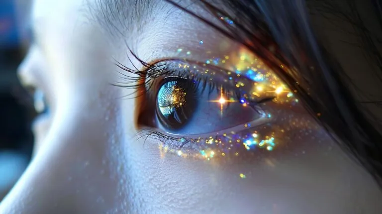 Close-up of a human eye with sparkling light reflections.
