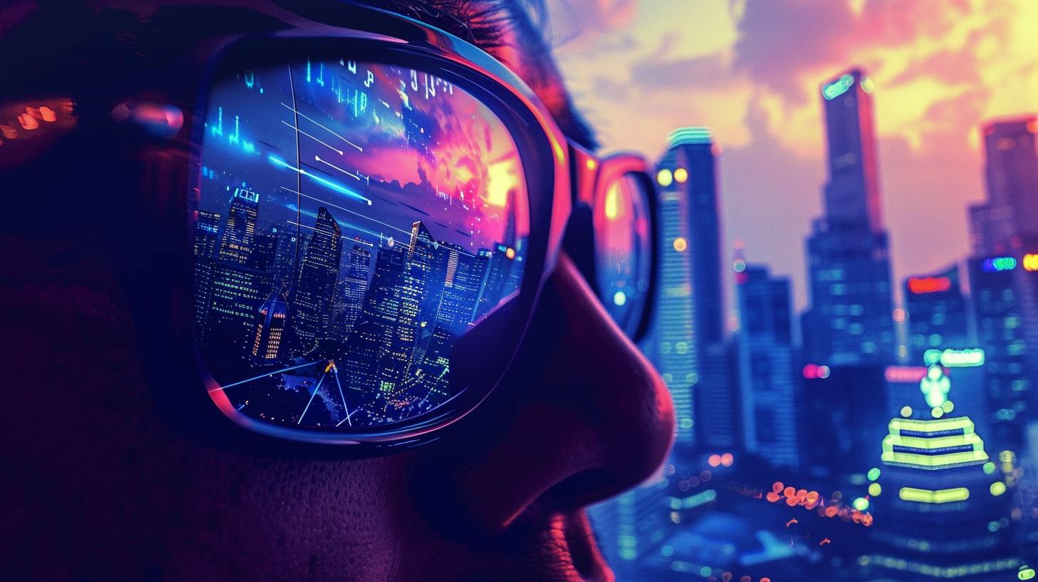 Close-up of a person wearing sunglasses reflecting a colorful city skyline and data charts at night.