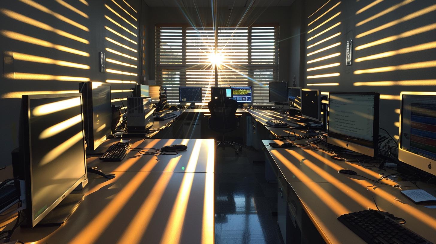 Sunlight streaming through blinds in a computer office creating dramatic shadows on desks and equipment.