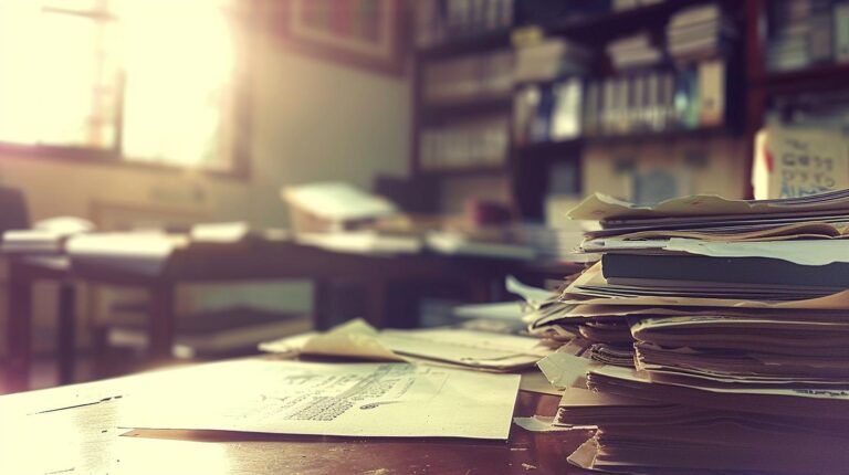 Sunlit vintage office with piles of paper documents and bookshelves in the background