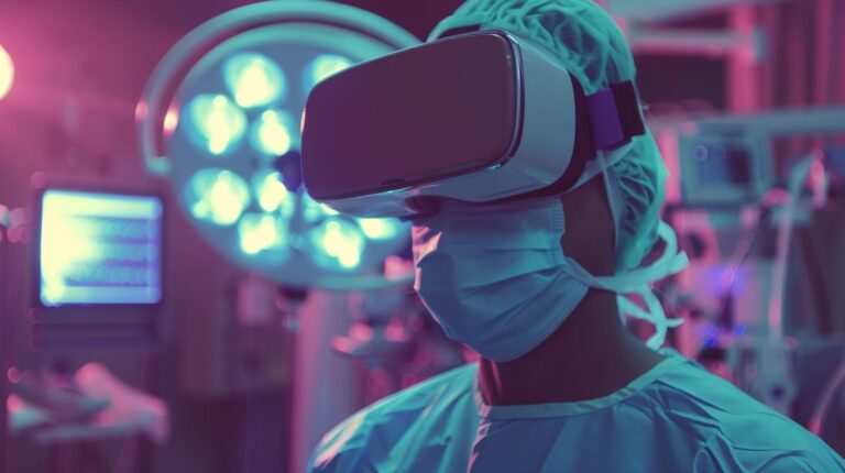 Surgeon wearing virtual reality headset in operating room