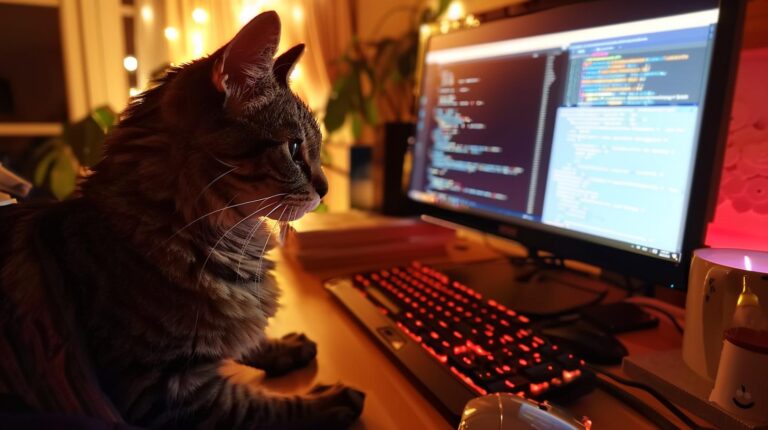 Tabby cat beside a computer monitor with code on screen in a cozy home office setting.