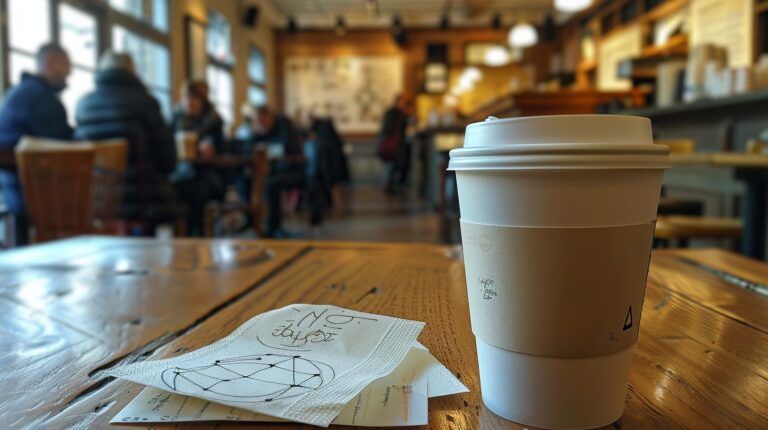 Close-up of a takeaway coffee cup on a wooden table with blurred customers in the background inside a cozy cafe.