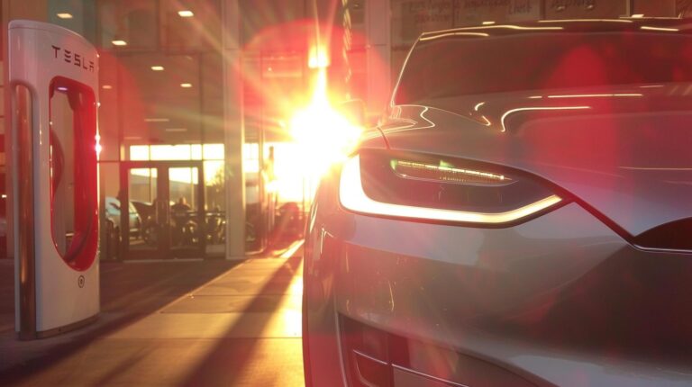Tesla electric car charging at sunset with lens flare at a Supercharger station.