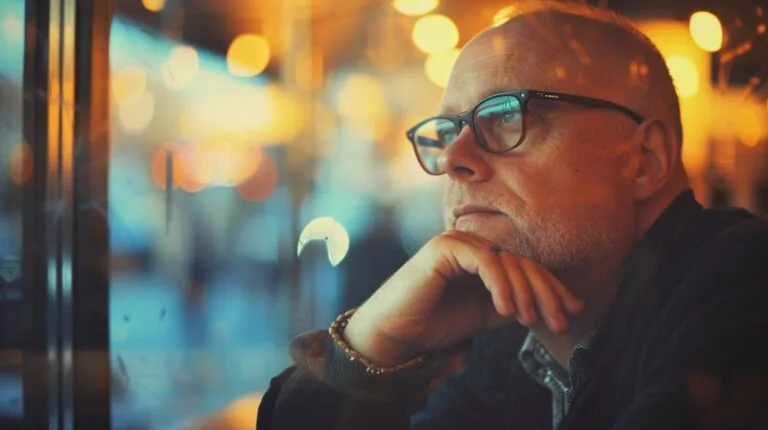 Man with glasses looking thoughtfully out the window in a cafe with warm bokeh lights