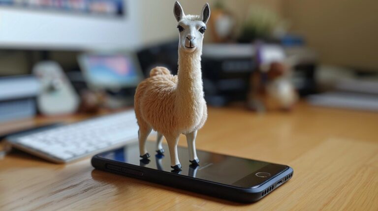A toy llama standing on top of a smartphone on a wooden desk with computer peripherals in the background.