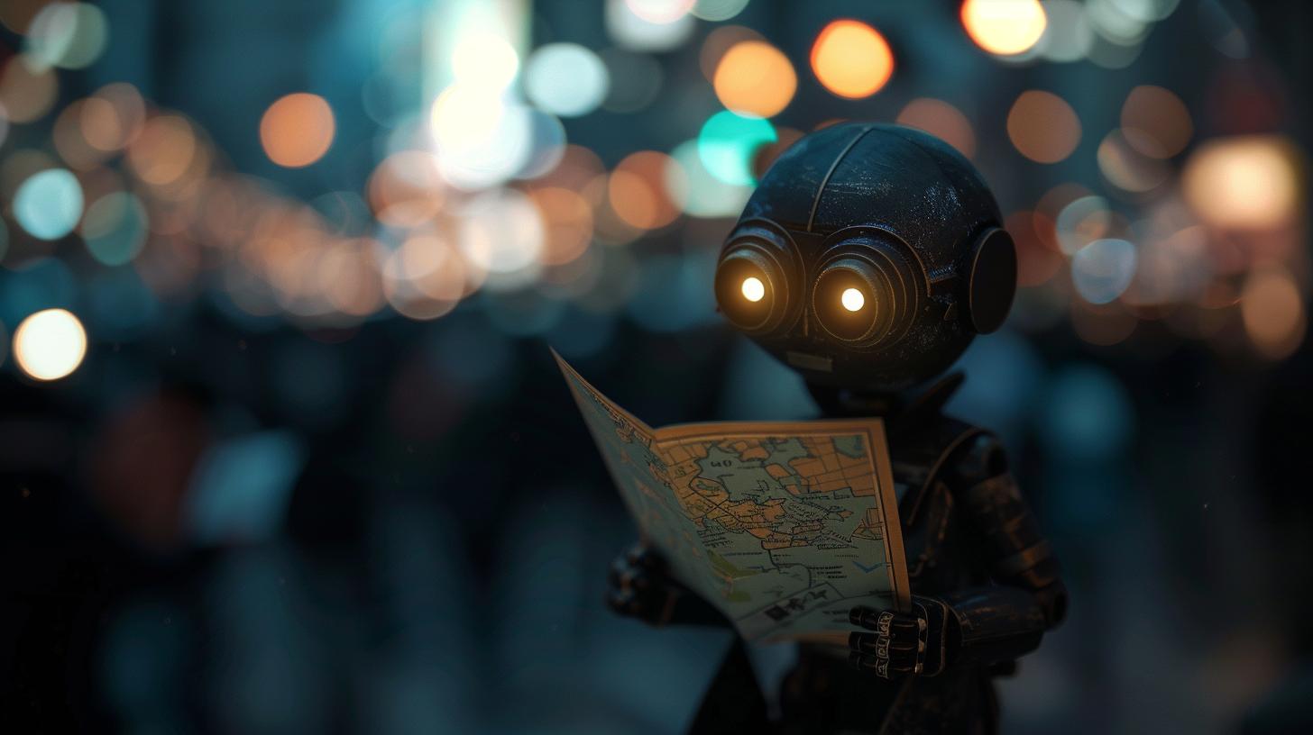 Toy robot reading a map with bokeh lights in the background