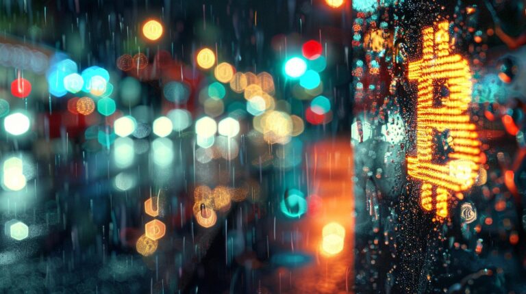Vibrant city lights reflected on wet window surface with bokeh effect during rain at night