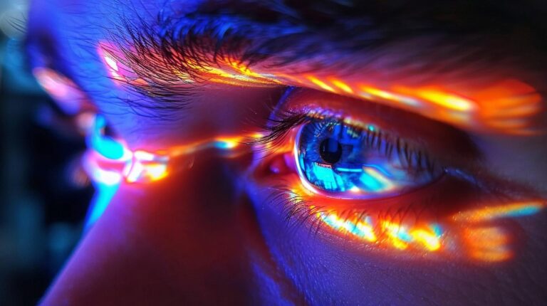 Close-up of a human eye with vibrant blue and orange neon light reflections.