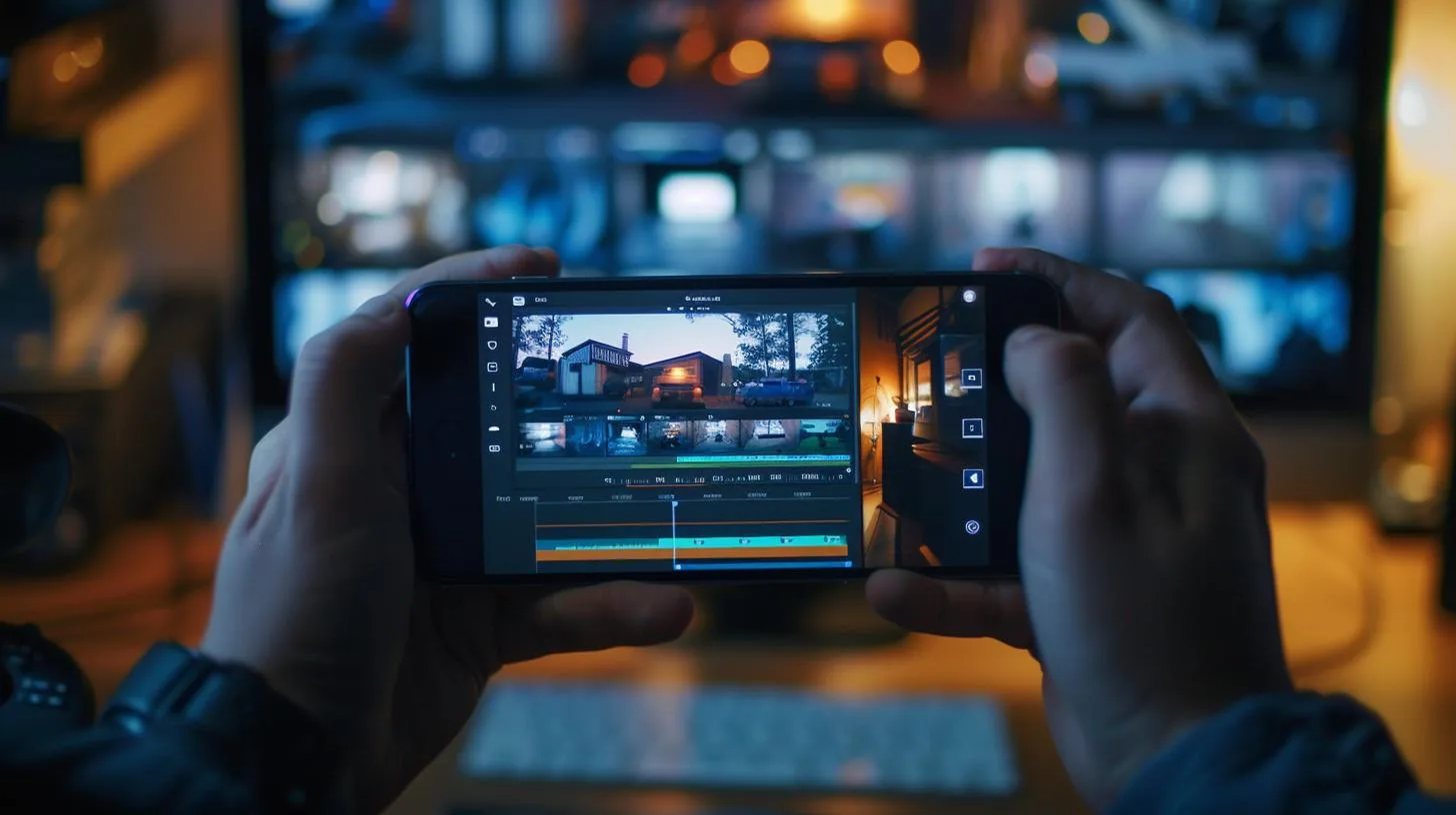 Person editing video on smartphone with timeline and preview screen visible.