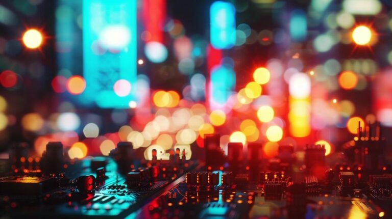 Vivid close-up of electronic circuit board with bokeh lights background representing technology concept
