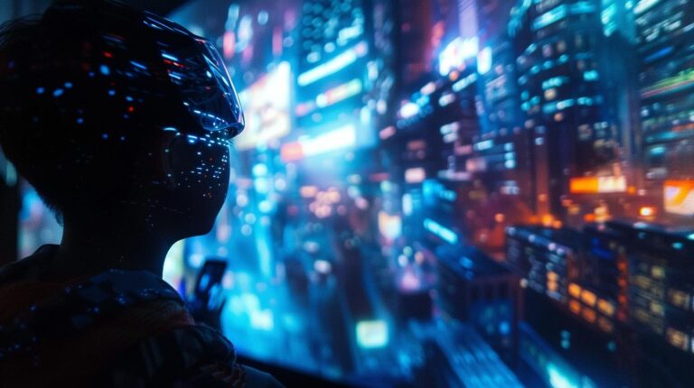 Person wearing virtual reality headset with illuminated cityscape projections.