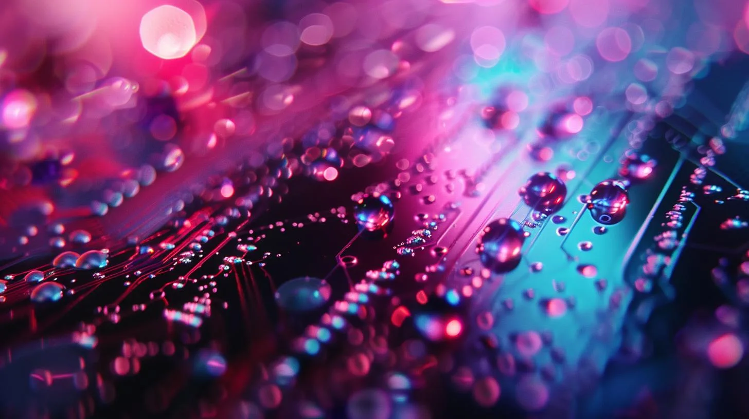Close-up of water droplets on a vibrant circuit board with colorful lighting effects