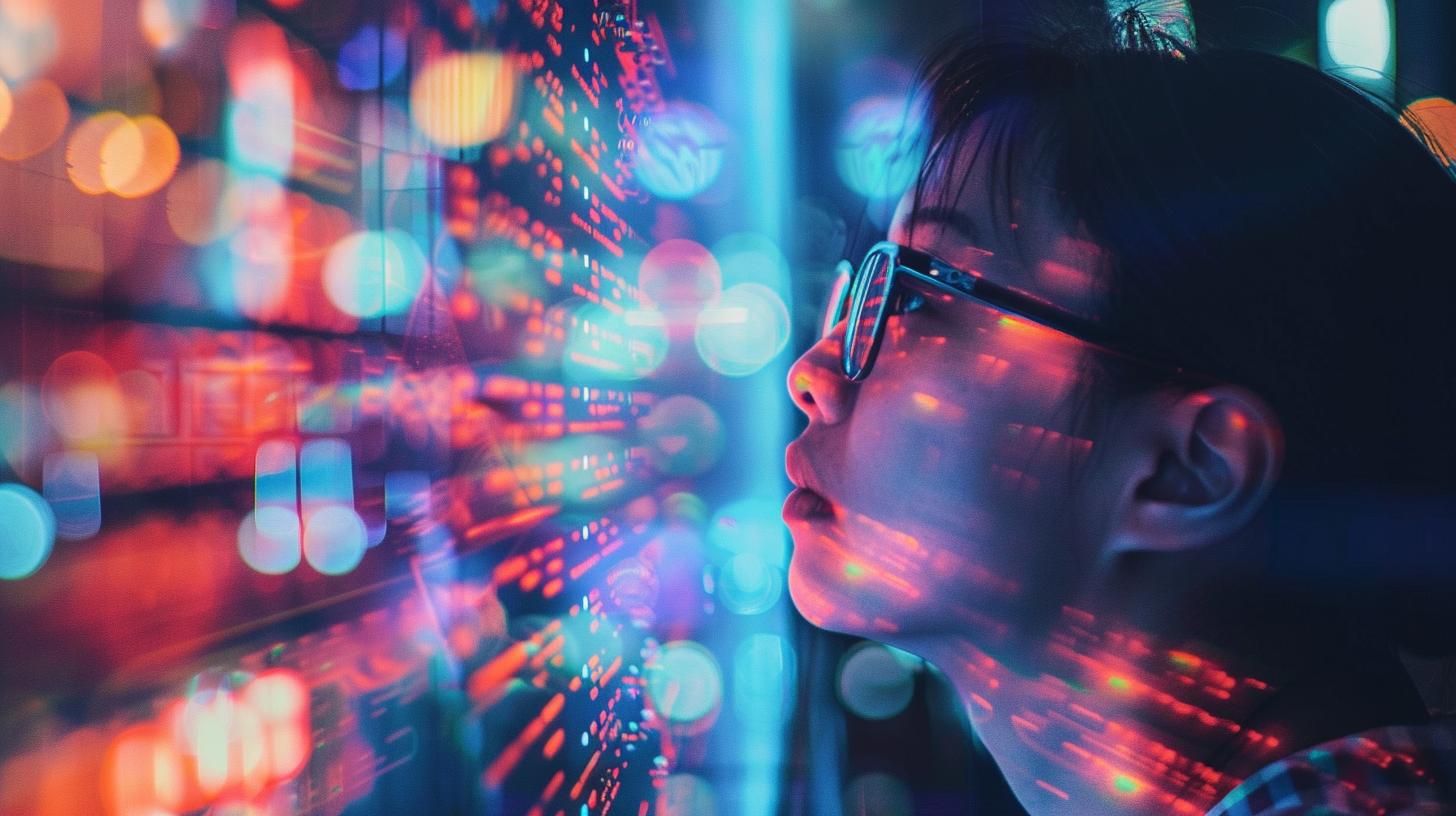 Woman looking at colorful data visualization projections in a dark room, representing modern technology and data analysis