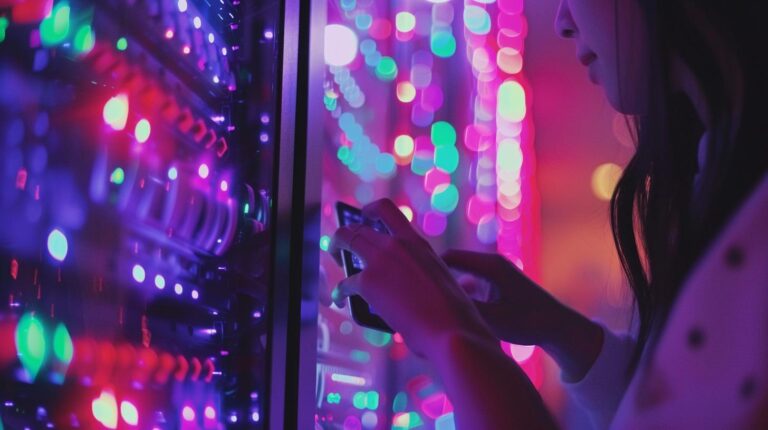 Woman using smartphone with colorful bokeh lights from server rack in background
