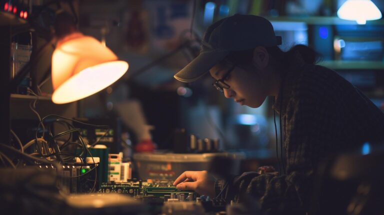 Woman with glasses and cap working on electronic equipment in a dimly lit workshop environment.