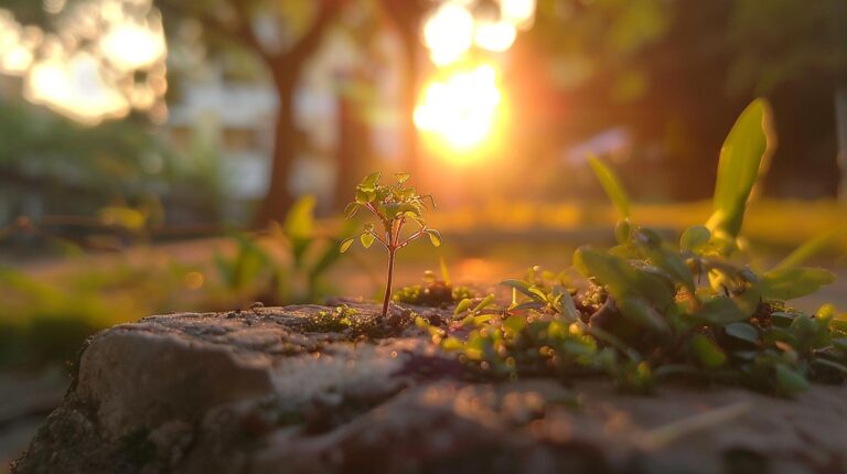 Young plant on a rocky surface with the sun setting in the background.