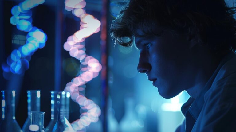 Young scientist concentrating on research in a laboratory with DNA model and glassware in the background.