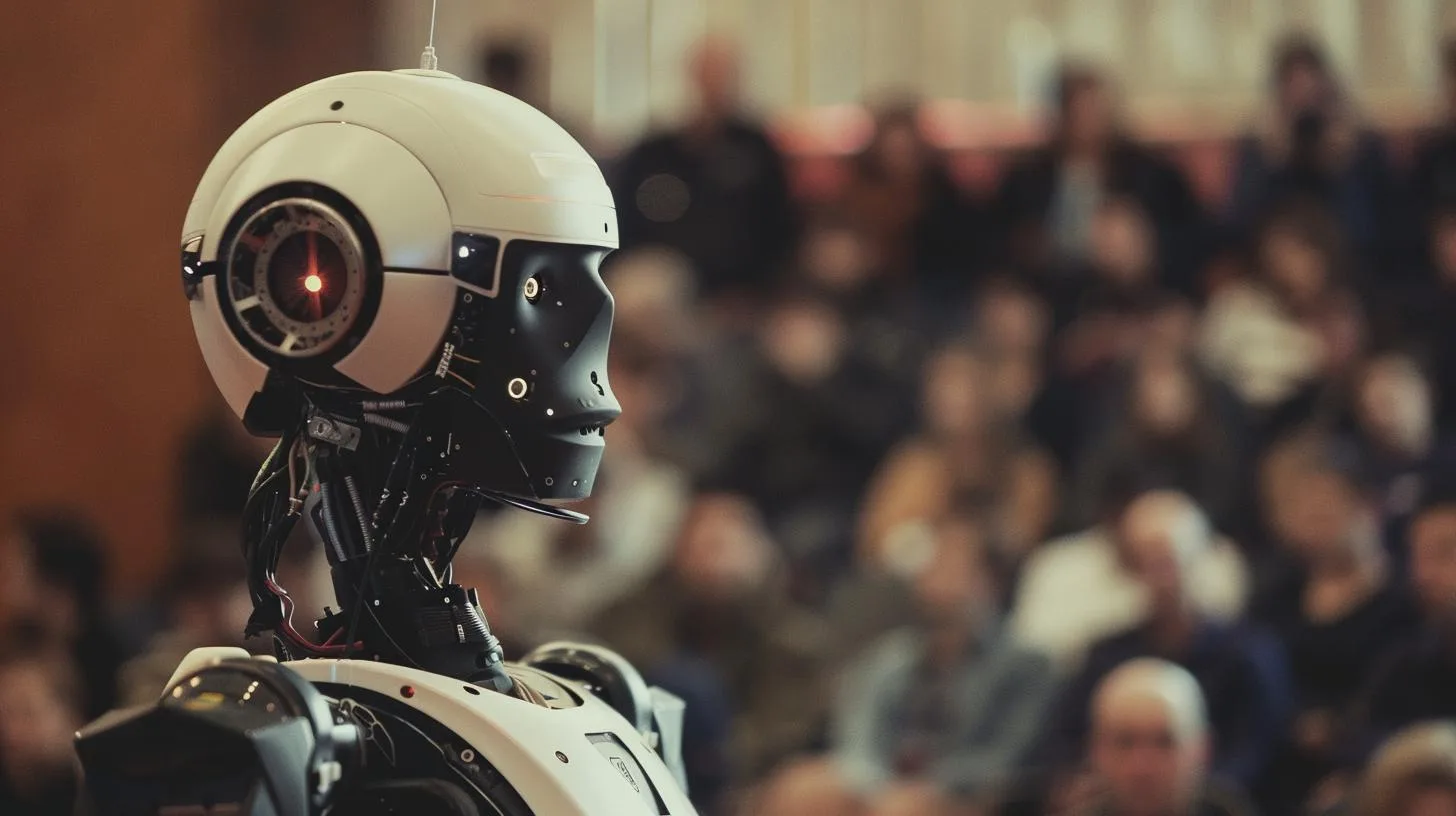 Advanced humanoid robot with a single red eye standing in front of a blurred audience at a technology conference.