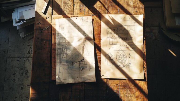 Architectural blueprints on a wooden desk with sunlight casting shadows.