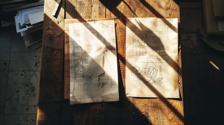 Architectural blueprints on a wooden desk with sunlight casting shadows.